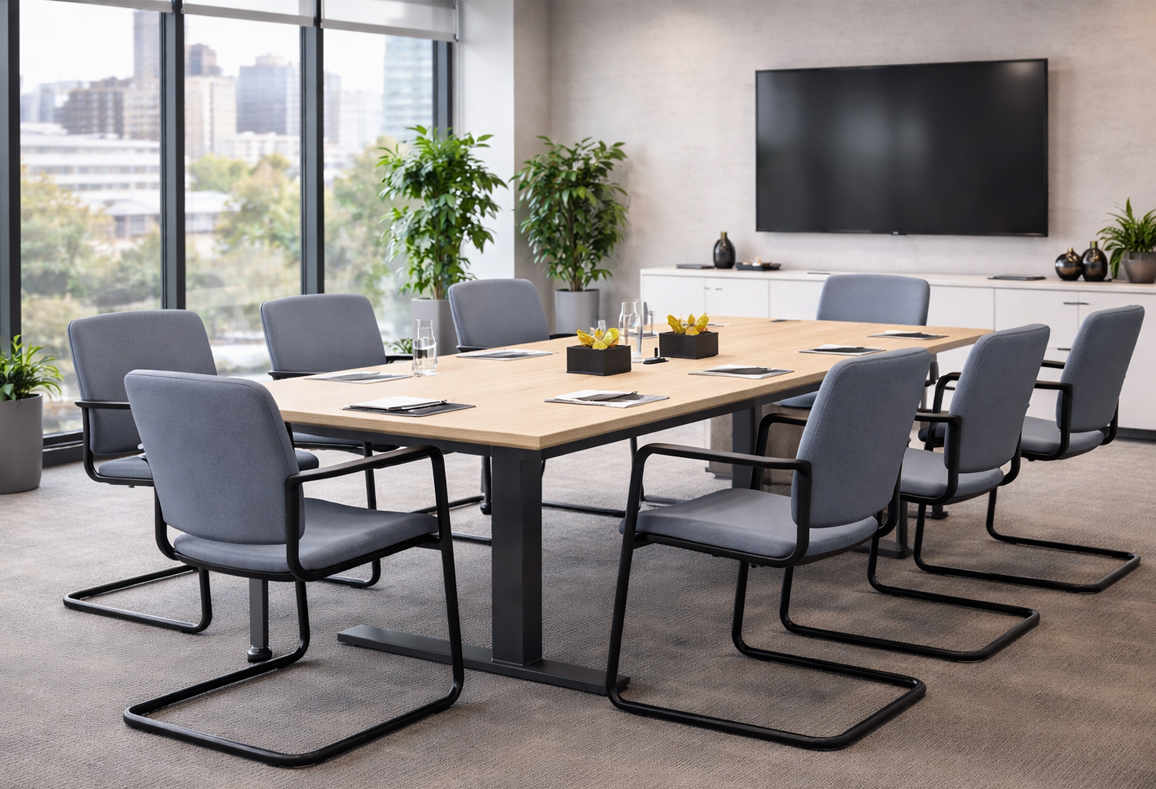 MAT - Cantilever Conference Chair 2 MAT Conference Office Chairs with a black cantilever frame and dark gray upholstered padding positioned beside a meeting table in a boardroom